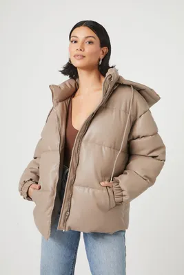 Women's Faux Leather Zip-Up Puffer Jacket in Taupe Small