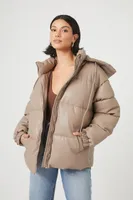 Women's Faux Leather Zip-Up Puffer Jacket in Taupe Small