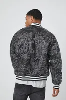 Men Embroidered Varsity Letterman Jacket in Black/White Large