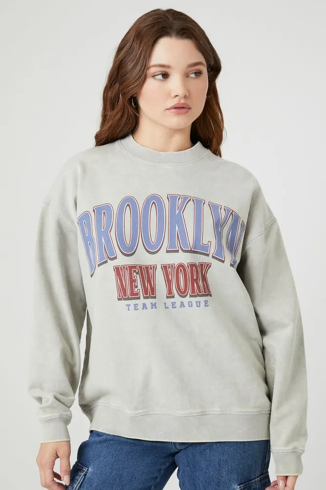 Women's French Terry Brooklyn Graphic Pullover in Heather Grey Small