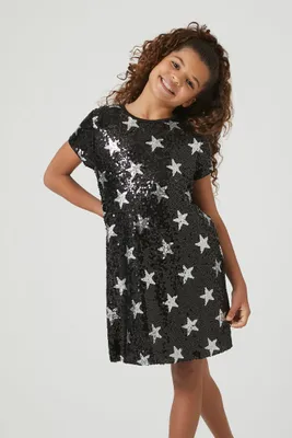 Girls Sequin Star T-Shirt Dress (Kids) in Black/Silver, 11/12