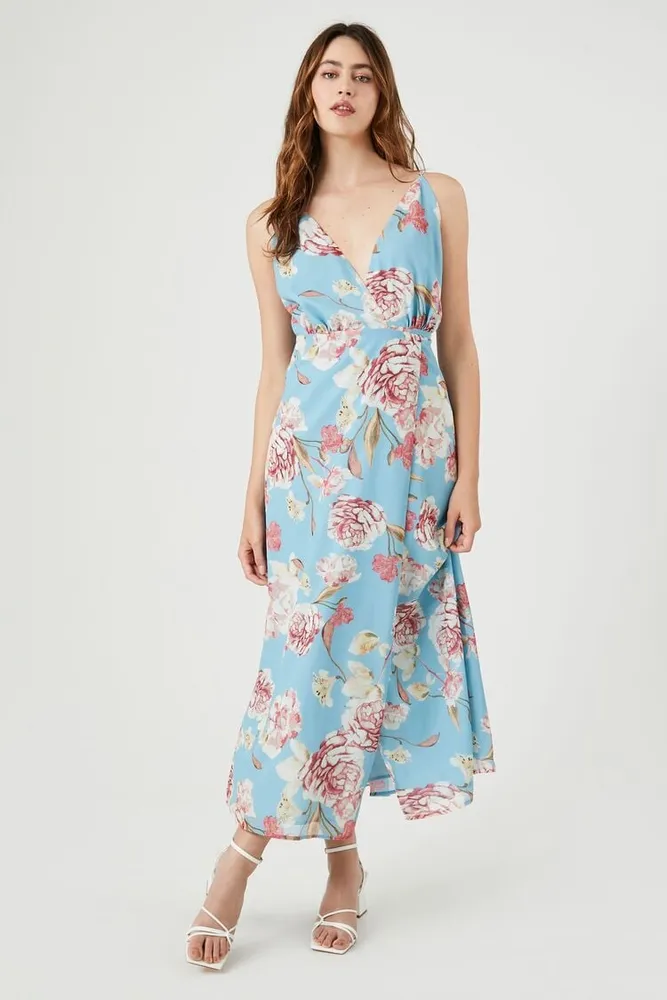 Women's Floral Print Cami Maxi Dress in Blue Small