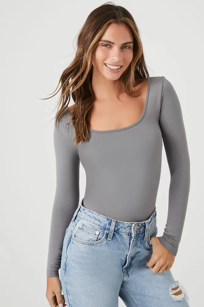 Women's Seamless Boat-Neck Bodysuit in Dark Grey Small