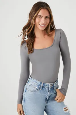 Women's Seamless Boat-Neck Bodysuit in Dark Grey Large