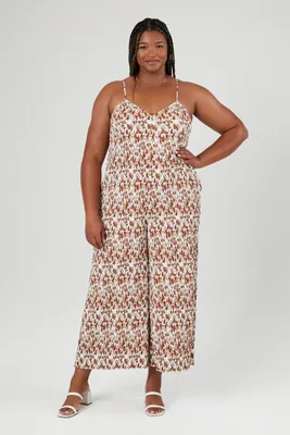 Women's Abstract Print Wide-Leg Jumpsuit in Camel, 1X