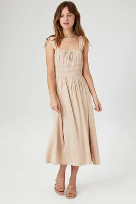 Women's Shirred Square-Neck Midi Dress in Sandshell Small