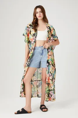 Women's Tropical Floral Print Kimono in Black Small