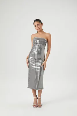 Women's Metallic Denim Midi Tube Dress in Silver Small