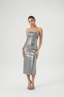 Women's Metallic Denim Midi Tube Dress in Silver Small