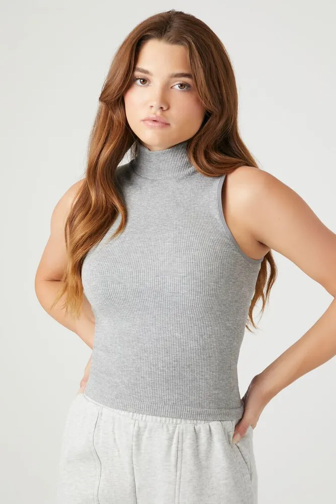 Forever 21 Women's Seamless Sleeveless Turtleneck Top in Heather Grey Large
