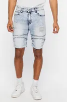 Men Distressed Moto Denim Shorts in Light Denim, 32