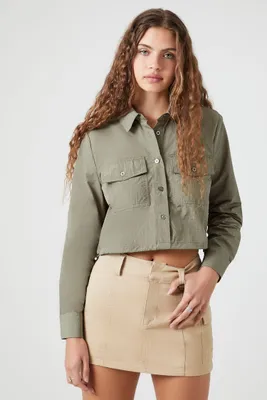 Women's Cropped Long-Sleeve Shirt in Light Olive Large