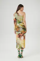 Women's Abstract One-Shoulder Maxi Dress in Taupe, XS