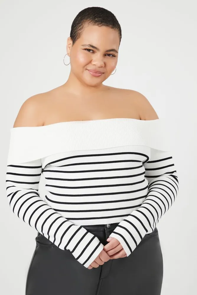 Women's Off-the-Shoulder Sweater in Cream/Black, 3X