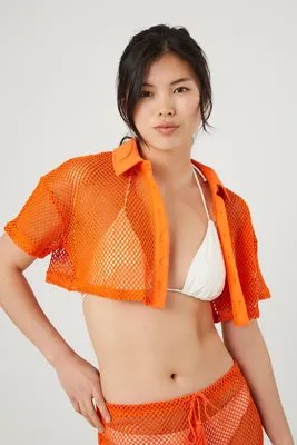 Women's Sheer Netted Cropped Shirt in Sunset Small