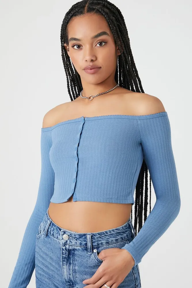 Women's Pointelle Off-the-Shoulder Crop Top in Dusty Blue Small