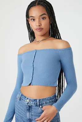 Women's Pointelle Off-the-Shoulder Crop Top in Dusty Blue Large
