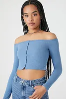 Women's Pointelle Off-the-Shoulder Crop Top in Dusty Blue Large