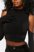 Women's Cutout Glove-Sleeve Crop Top in Black Medium