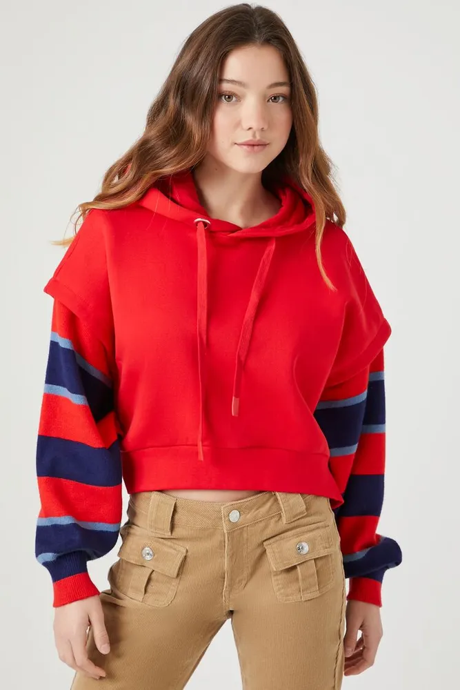 Women's Striped Layered-Sleeve Hoodie in Red Large