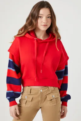 Women's Striped Layered-Sleeve Hoodie in Red Medium