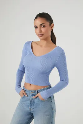 Women's Cropped Rib-Knit Sweater in Baby Blue Large