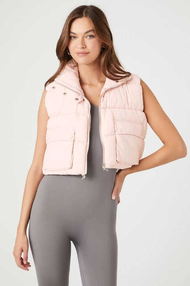 Women's Cropped Zip-Up Puffer Vest in Pink Icing Large