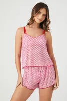 Women's Mesh Heart Cami & Shorts Pajama Set in Pink/Red Small