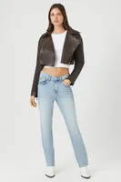 Women's Faux Leather Cropped Moto Jacket in Brown Small