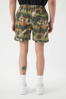 Men Abstract Print Drawstring Shorts in Light Olive, XL