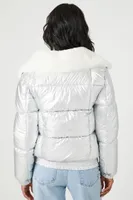 Women's Faux Fur-Trim Metallic Puffer Jacket Silver