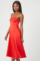 Women's Satin Sweetheart Midi Dress in Fiery Red Small