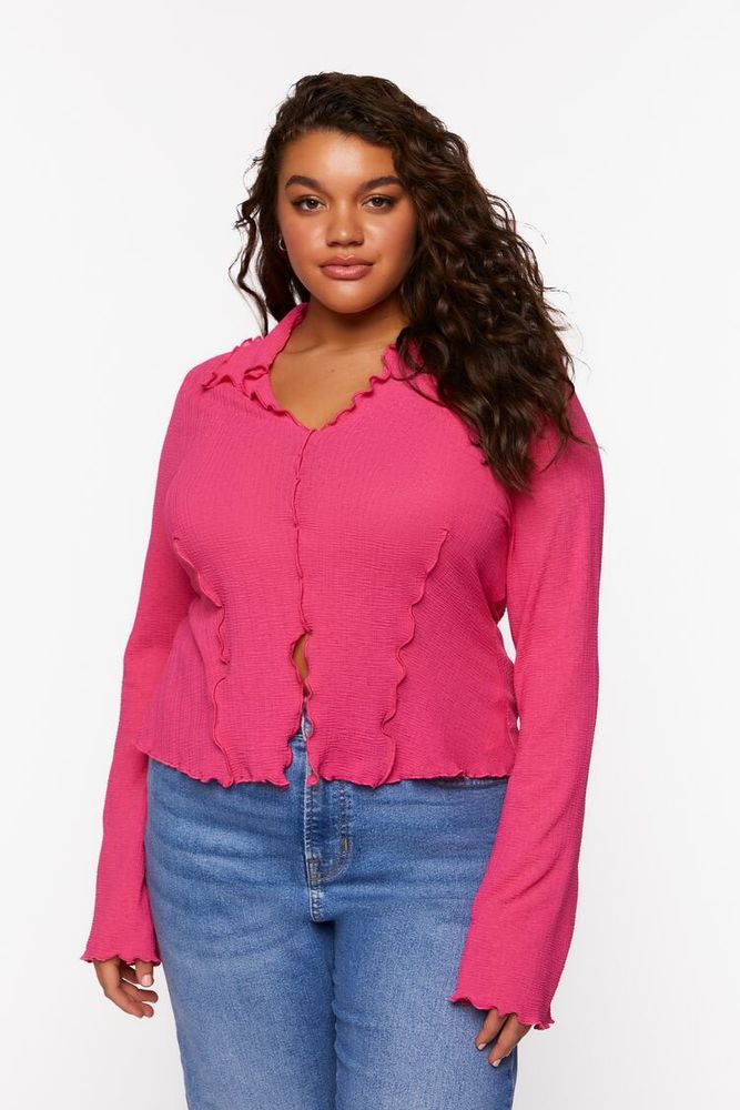 Women's Lettuce-Edge Split-Hem Top in Fuchsia, 0X