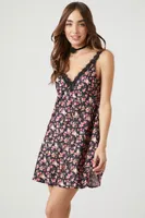 Women's Floral Print Satin Mini Dress in Black, XS