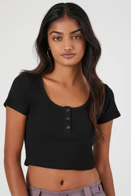Women's Cropped Rib-Knit T-Shirt in Black Small