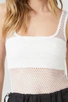 Women's Fishnet Tank Bodysuit in White, XL