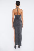 Women's Glitter O-Ring Halter Maxi Dress in Silver Large