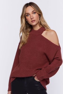 Women's Asymmetrical Open-Shoulder Sweater in Brick Small