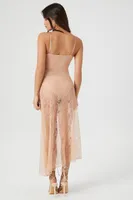 Women's Sheer Lace Drawstring Maxi Dress in Peach Large