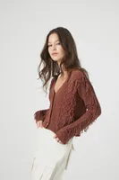 Women's Cable Knit Fringe Cardigan Sweater in Brown Small