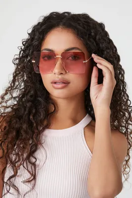 Rimless Square Sunglasses in Gold/Pink