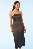 Women's Satin Strapless Crisscross Midi Dress in Black Medium