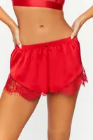 Women's Satin Lace-Trim Lingerie Shorts in Tomato Small