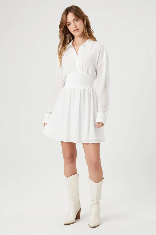 Women's Chiffon A-Line Mini Shirt Dress in White Medium