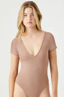 Women's Ribbed Knit V-Neck Bodysuit in Almond, XS