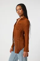 Women's Sheer Crinkled Oversized High-Low Shirt in Brown Small