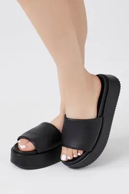 Women's Faux Leather Platform Slides in Black, 7.5