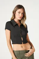 Women's Cutout Button-Front Cropped Shirt