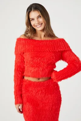 Women's Faux Fur Off-the-Shoulder Top in Fiery Red Large