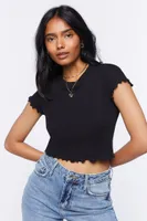 Women's Cropped Ribbed Lettuce-Edge T-Shirt in Black, XS